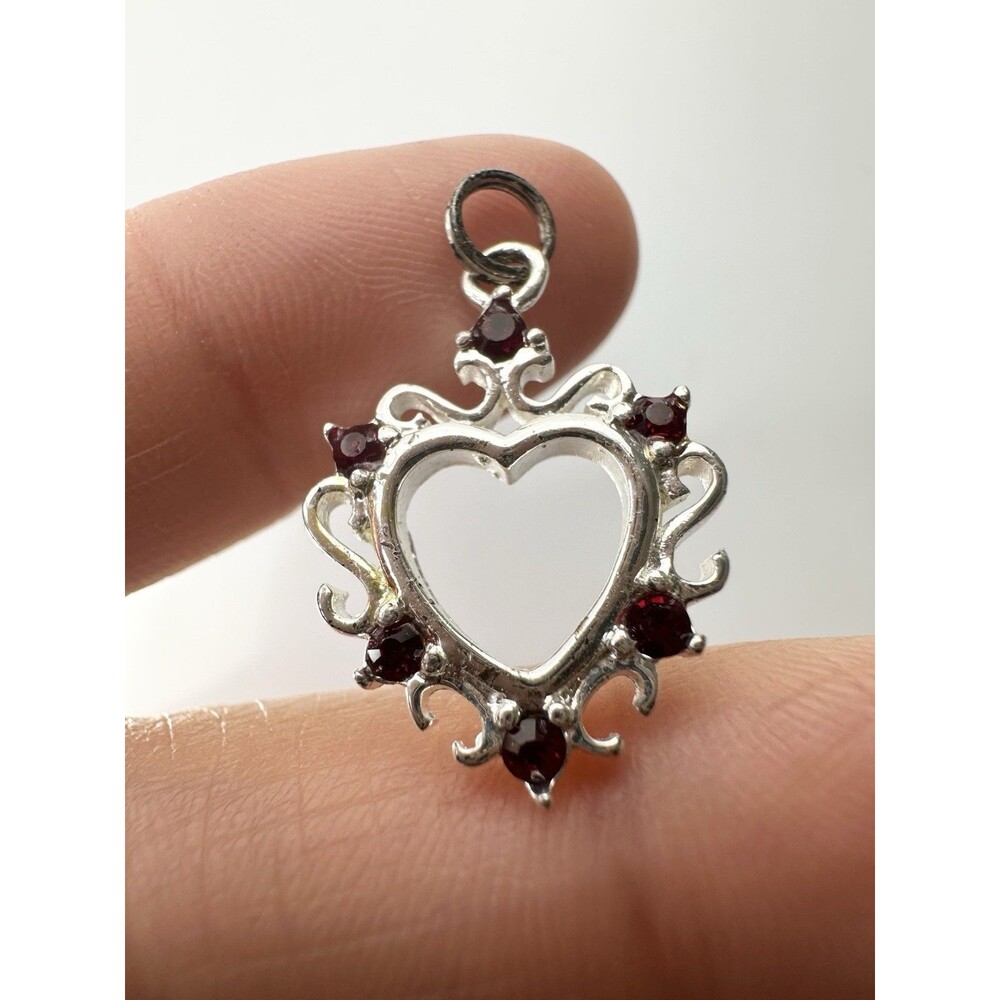 925 Sterling Silver Open Heart Charm Pendant With Red Stone